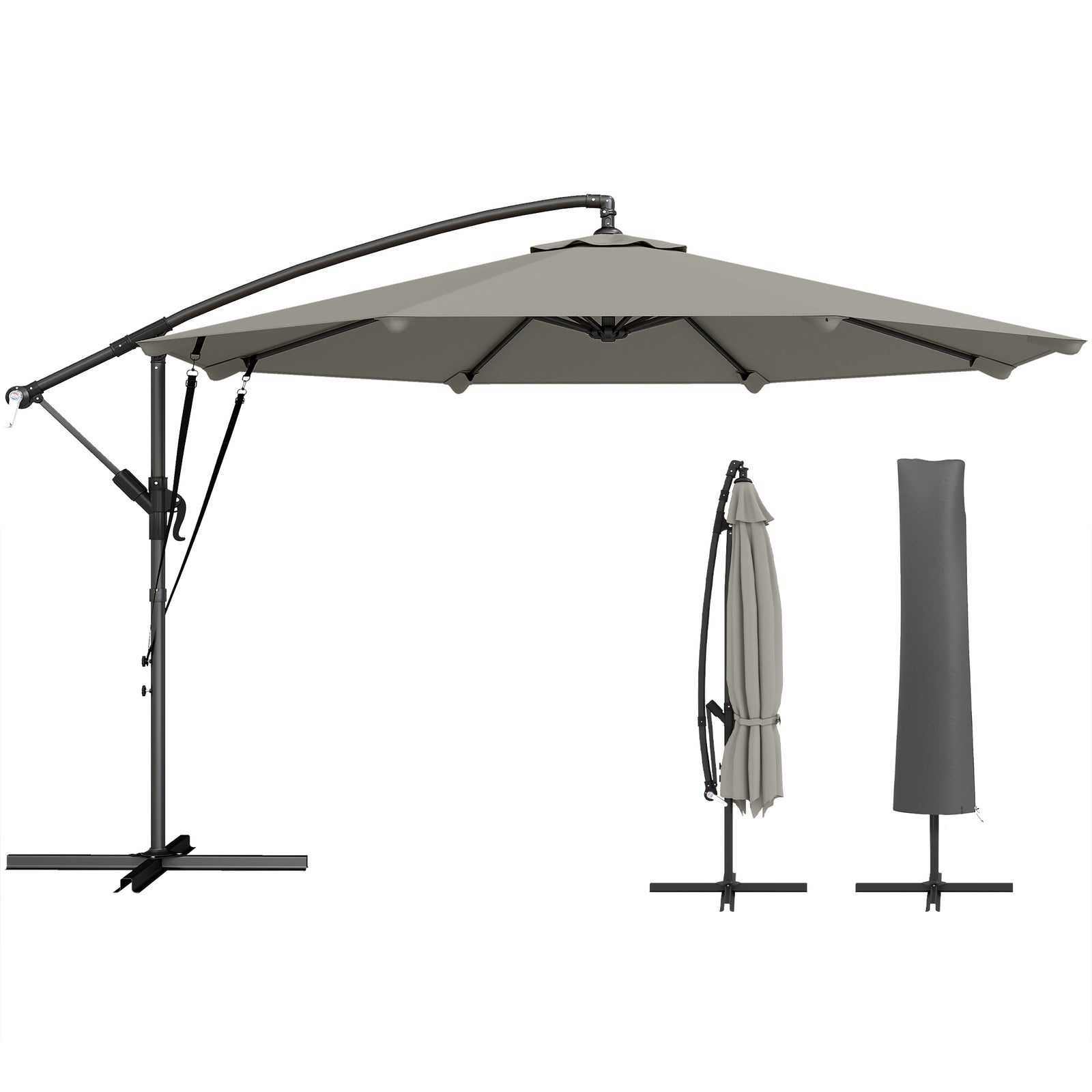 3 M Cantilever Parasol, Offset Umbrella With Cover And Wind Ropes | Light Grey