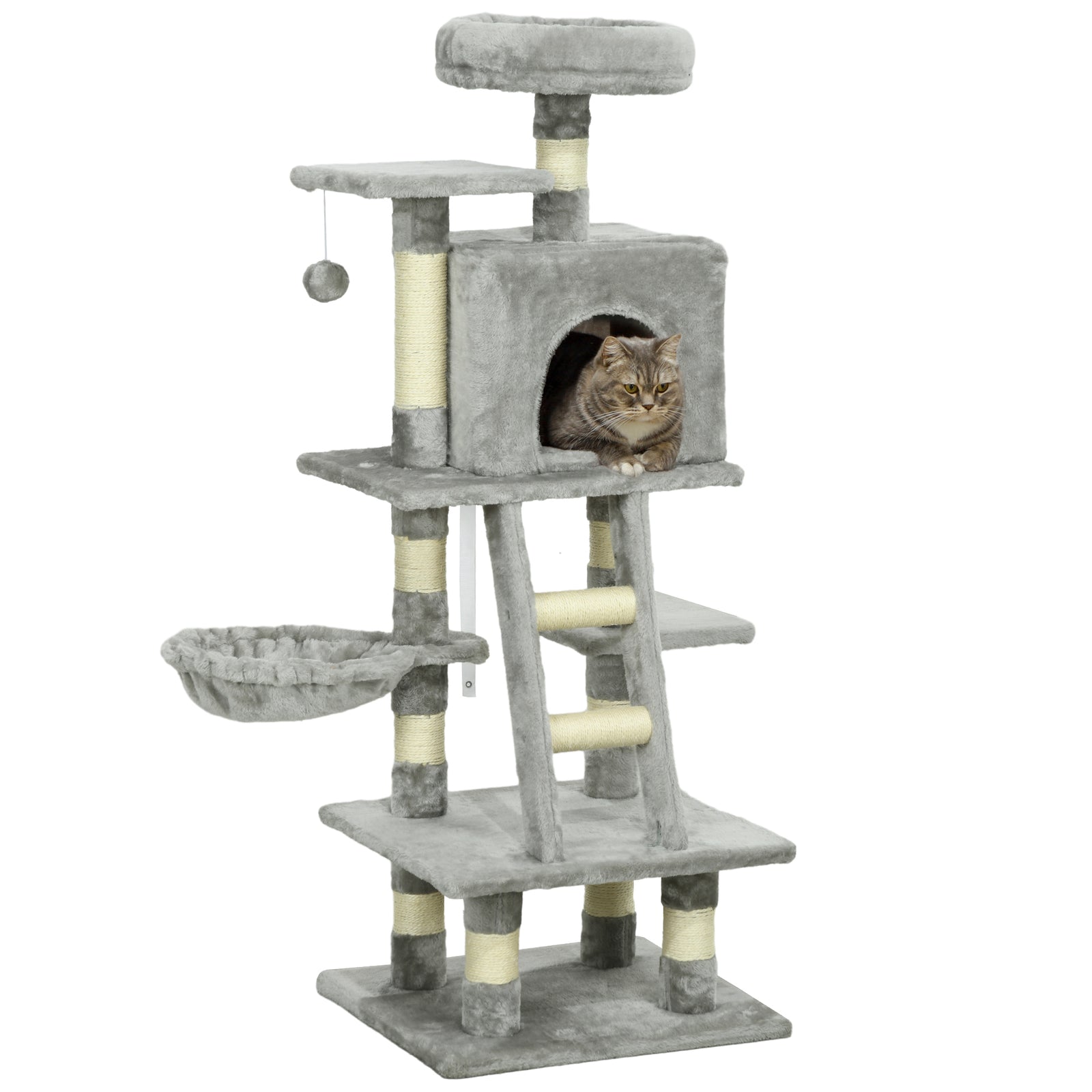 132cm Multi-activity Cat Tree W/ House, Bed, Ladder, Scratch Post - Grey
