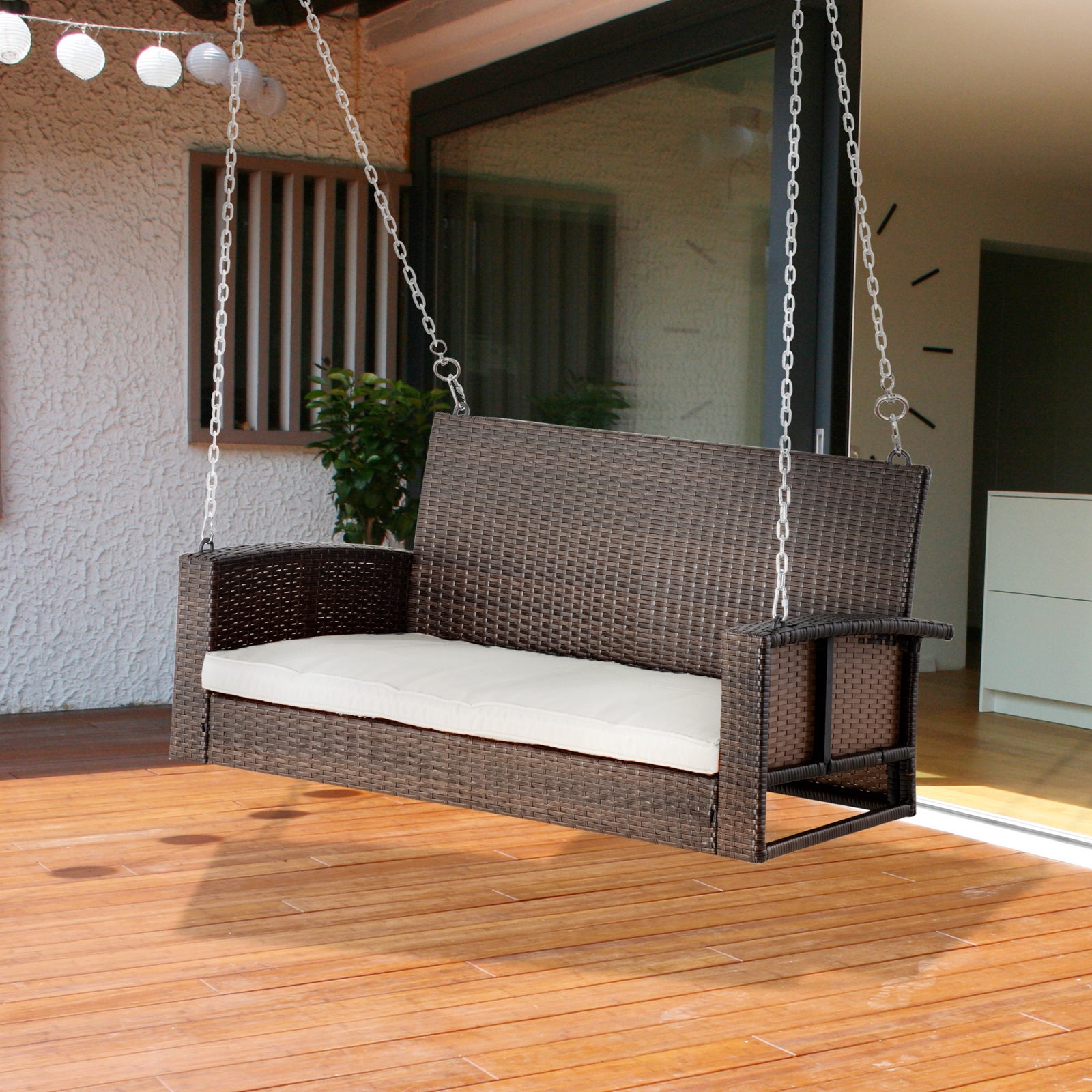 2-person Outdoor Wicker Hanging Porch Swing Bench W/ Seat