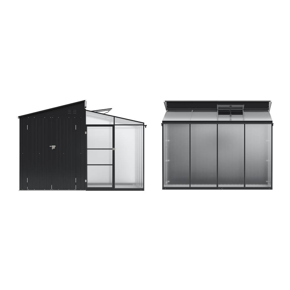 2-in-1 Metal Shed With Greenhouse, Transparent Pc Panels – 10 X 9ft, Zinc Steel & Polycarbonate Construction