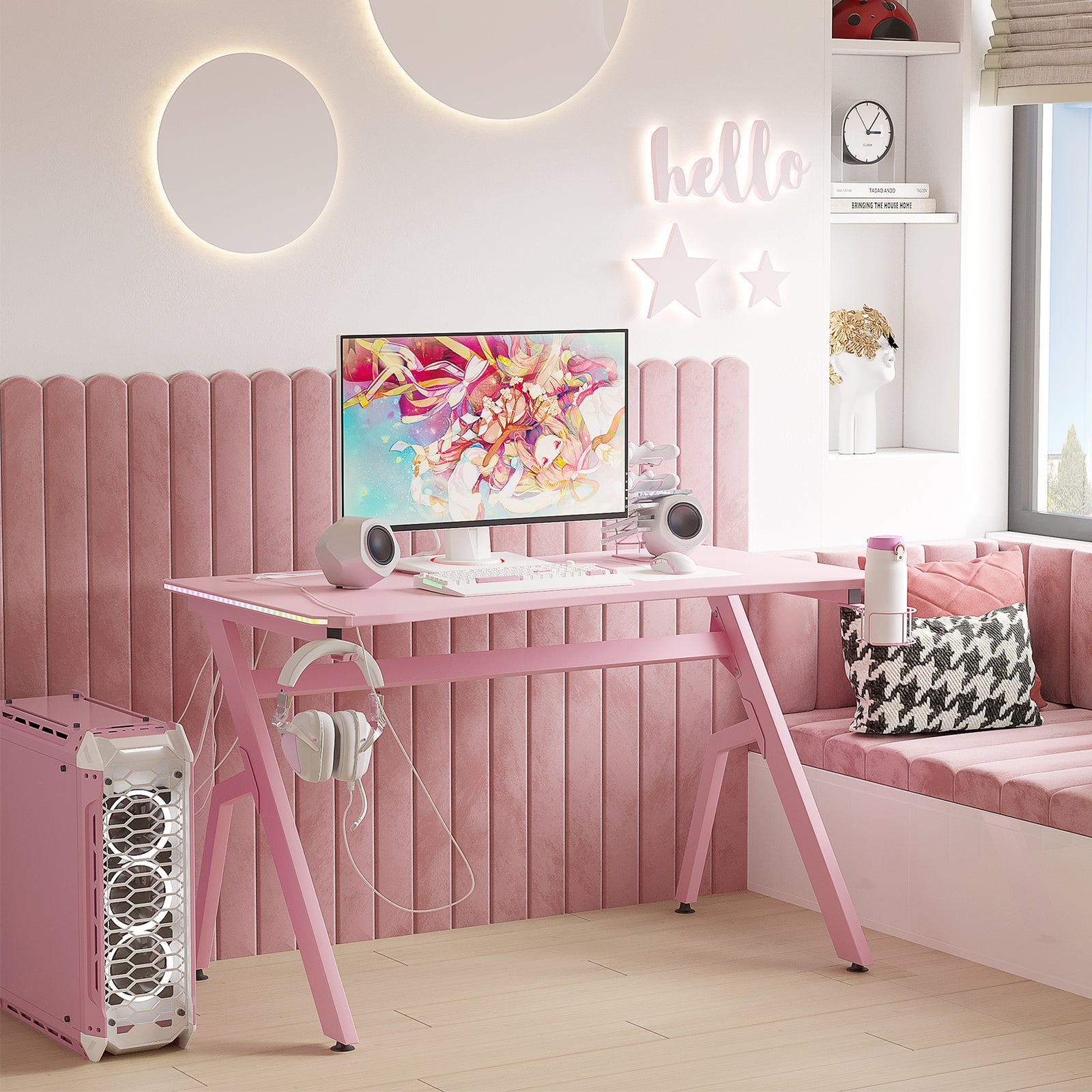 Ergonomic Gaming Desk With Hook Cup Holder Led | Pink