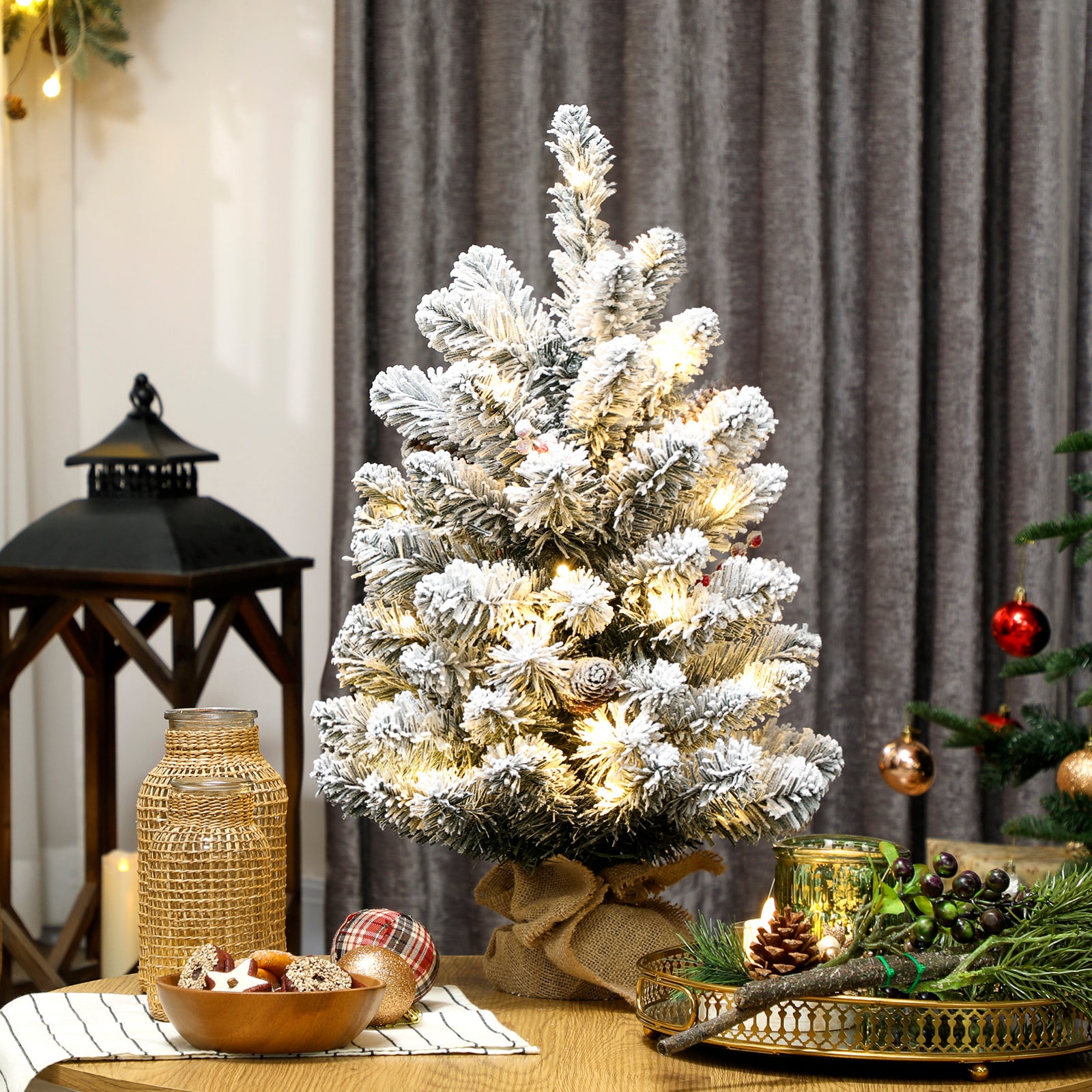 60 Cm Prelit Small Christmas Tree, Snow Flocked Tabletop Xmas Tree