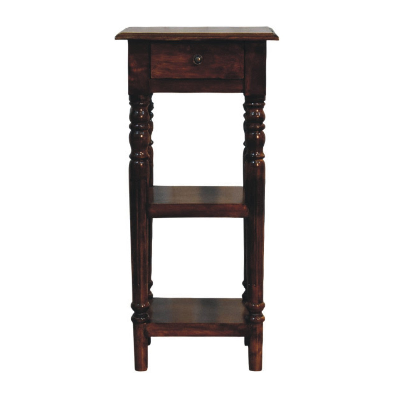 Tall Turned Leg Side Table, 1 Drawer, 2 Open Shelves, Dark Brown | 3 | Brown