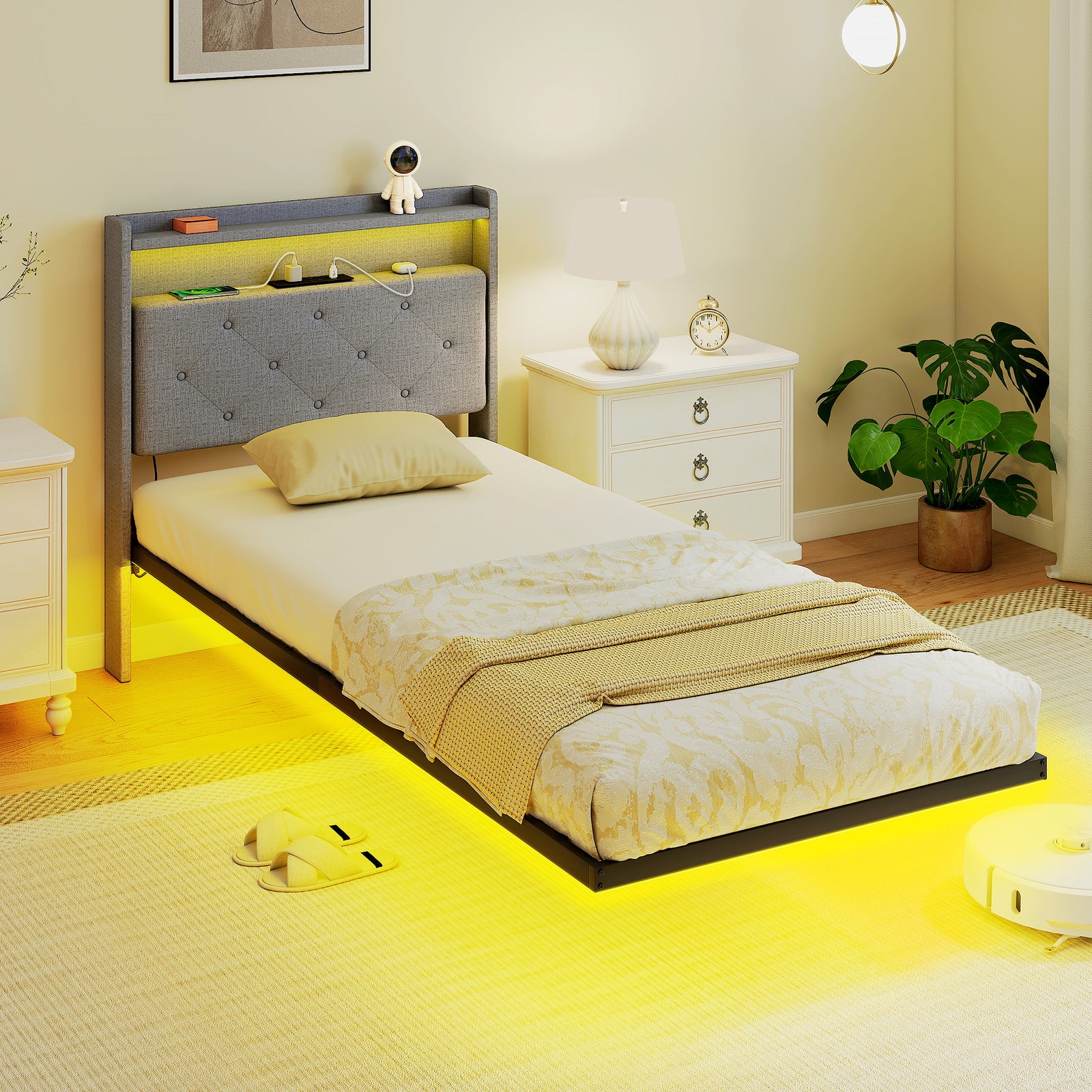 Floating Bed Frame With Rgb Lights, Upholstered Bed | Single | Grey