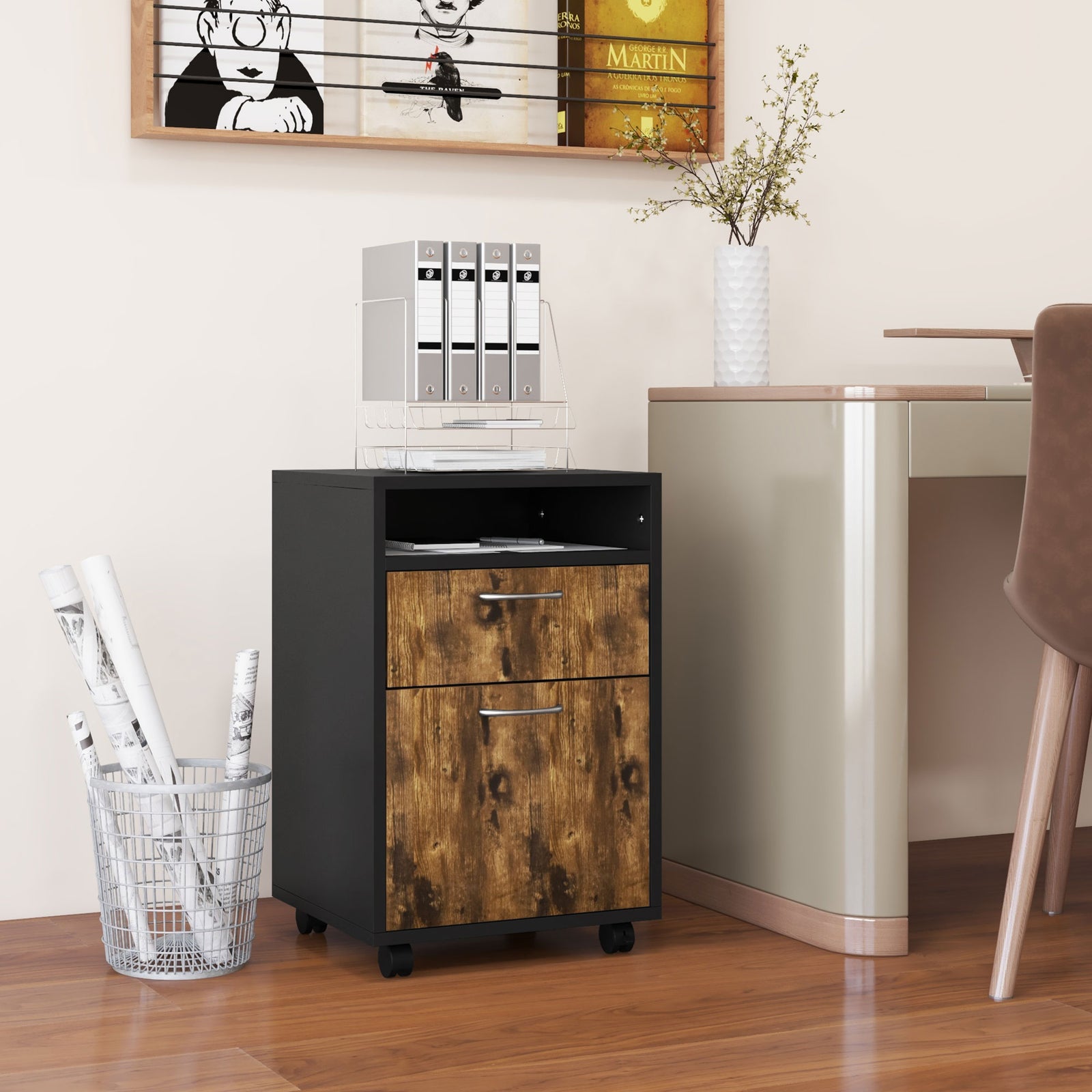 60cm Storage Cabinet With Drawers And Open Shelf,brown | One Size | Brown