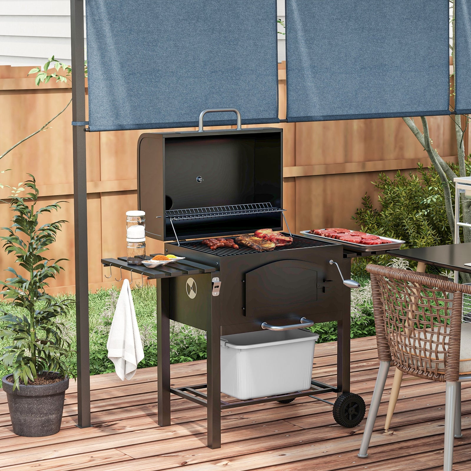 Charcoal Grill Trolley, Adjustable Height, Smoker | Black