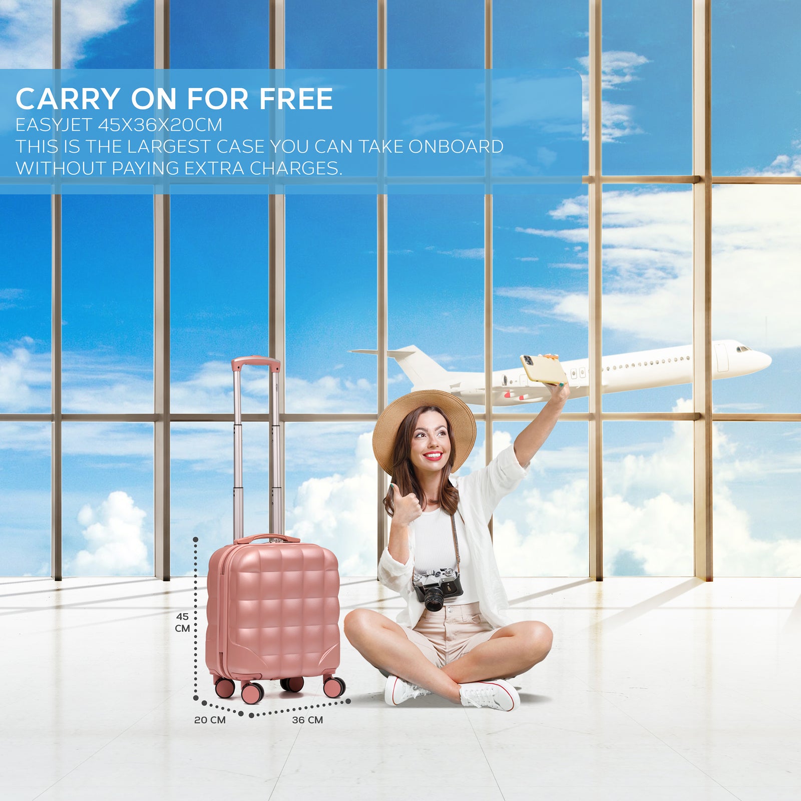 45x36x20cm Lightweight Underseat Cabin Carry On Suitcase - 100+ Airline Approved - Hard Shell Luggage - 4 Wheels - Bubble Design | Cabin | Rose Gold