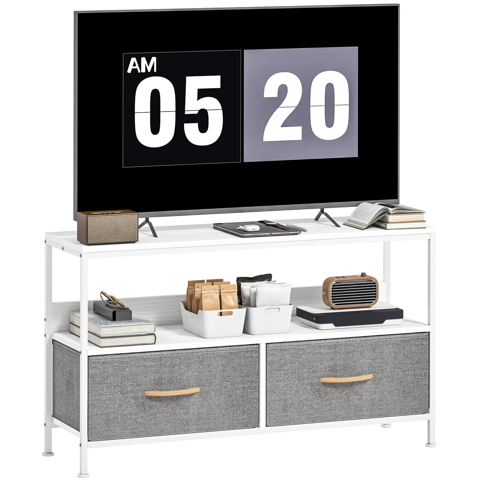 Tv Cabinet, Tv Console Unit With 2 Foldable Linen Drawers | White