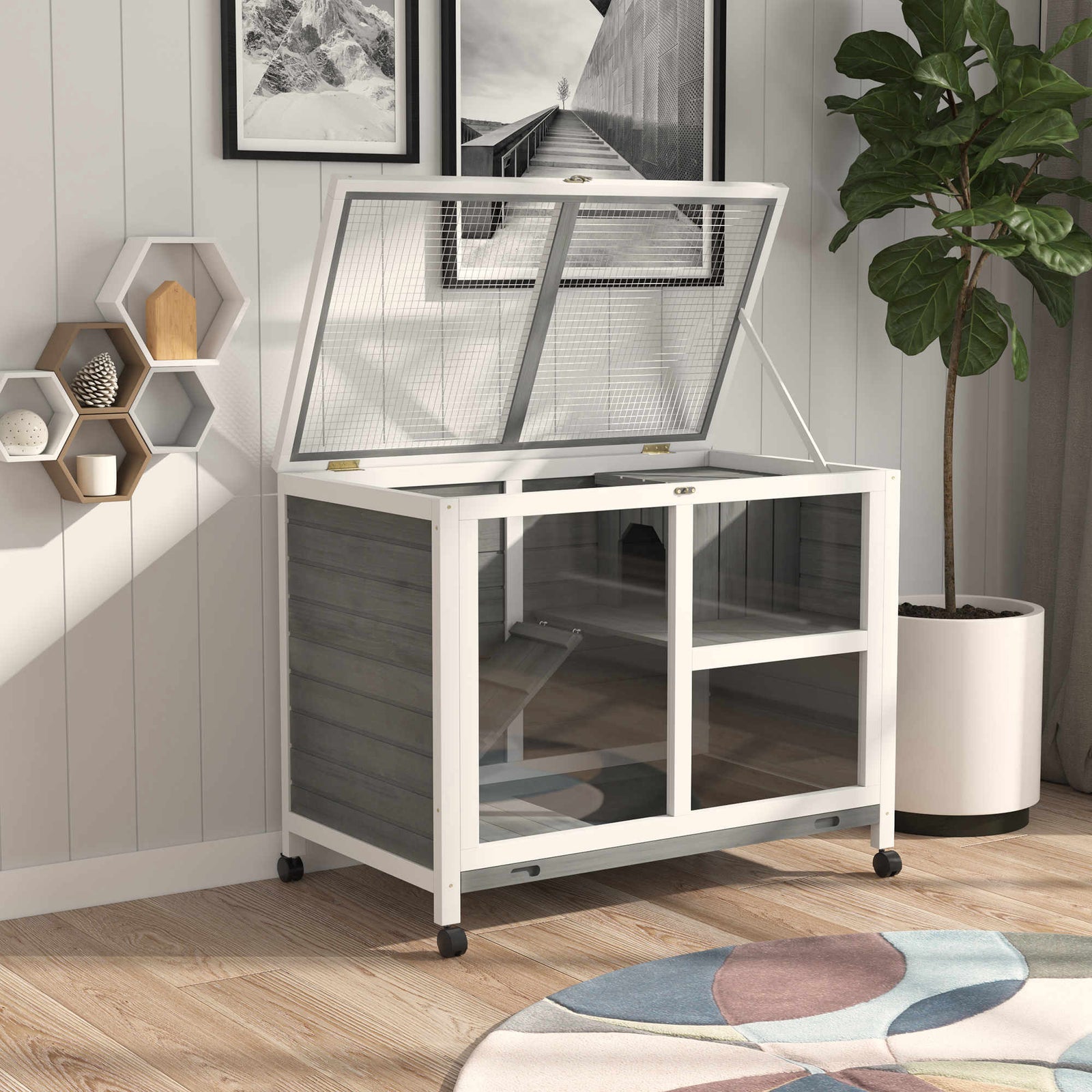 Wood Rabbit Hutch Bunny Cage Pet House Indoor W/ Tray Ramp | Gray