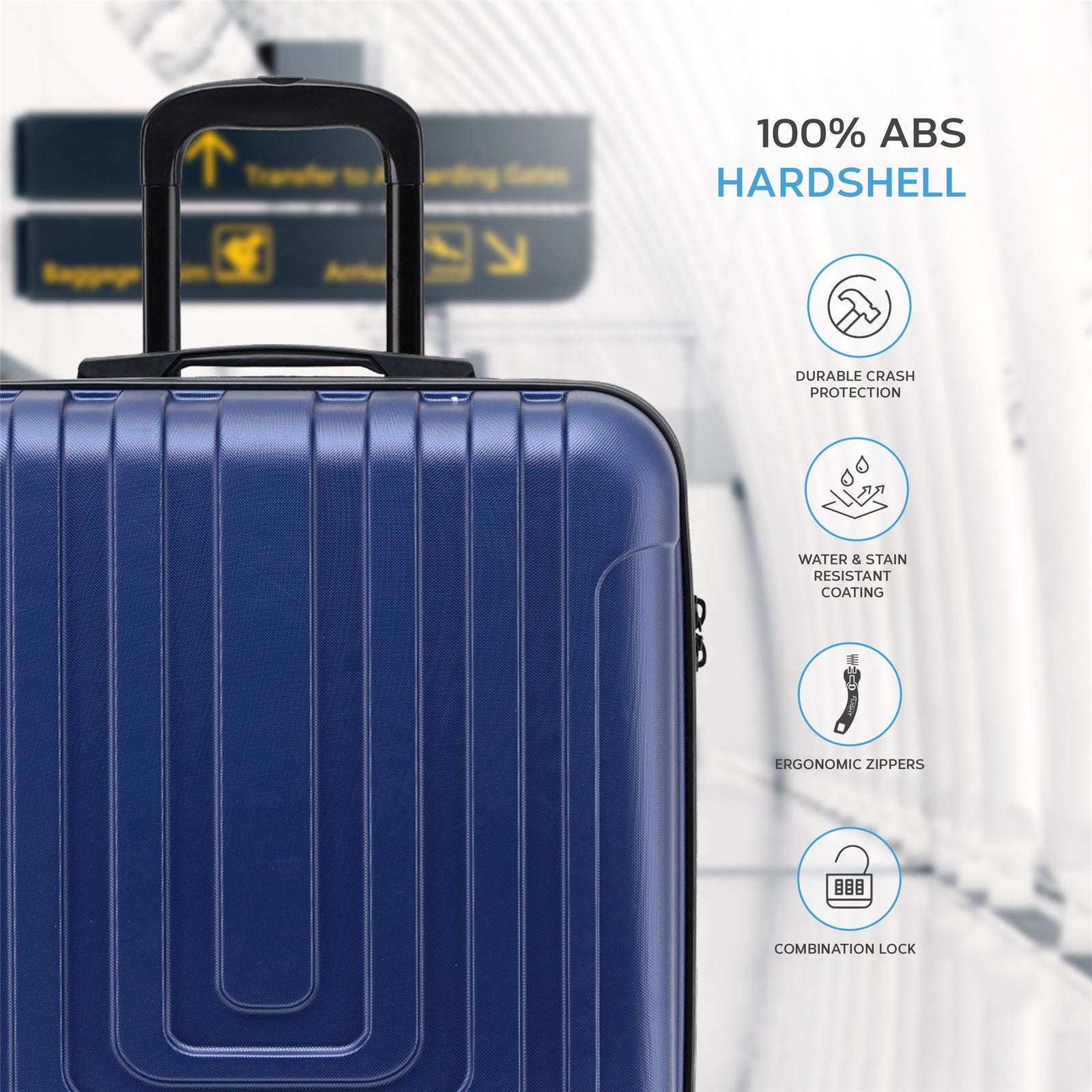 56x45x25cm Large Cabin Carry On Case - Overhead Luggage Suitcase - 4 Spinner Wheels - Abs Hard Shell Cabin Bag | Cabin | Navy Blue