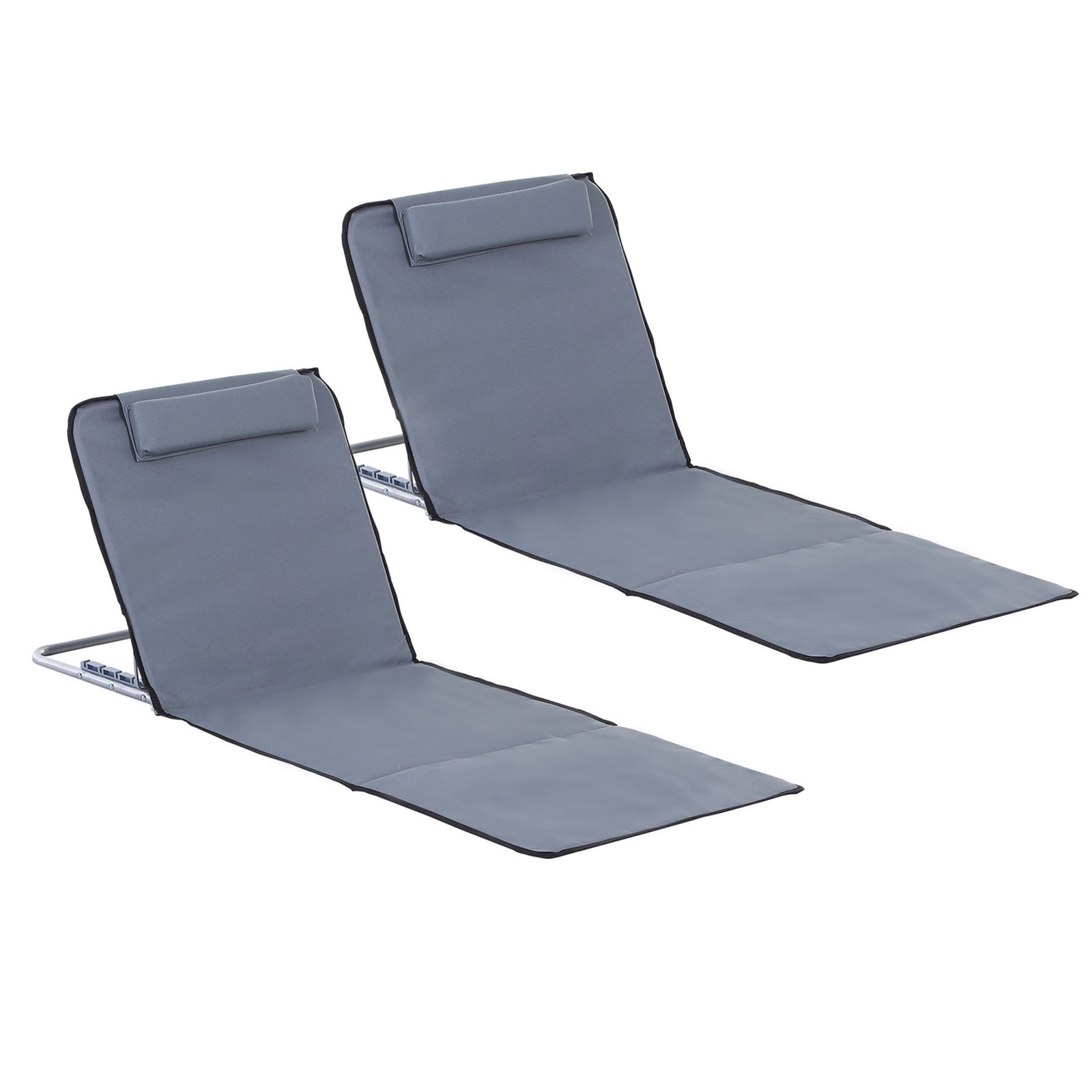 2pc Outdoor Beach Mat Steel Reclining Chair Set W/ Pillow | Gray