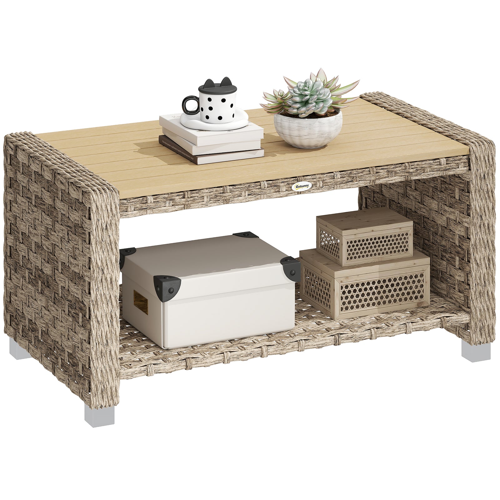 Outdoor Coffee Table With Storage Shelf And Slatted Top | Brown