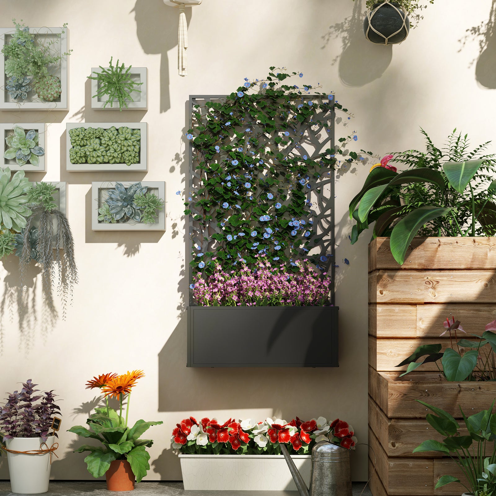 Metal Garden Bed With Trellis, Two Trees Cut-out Screen