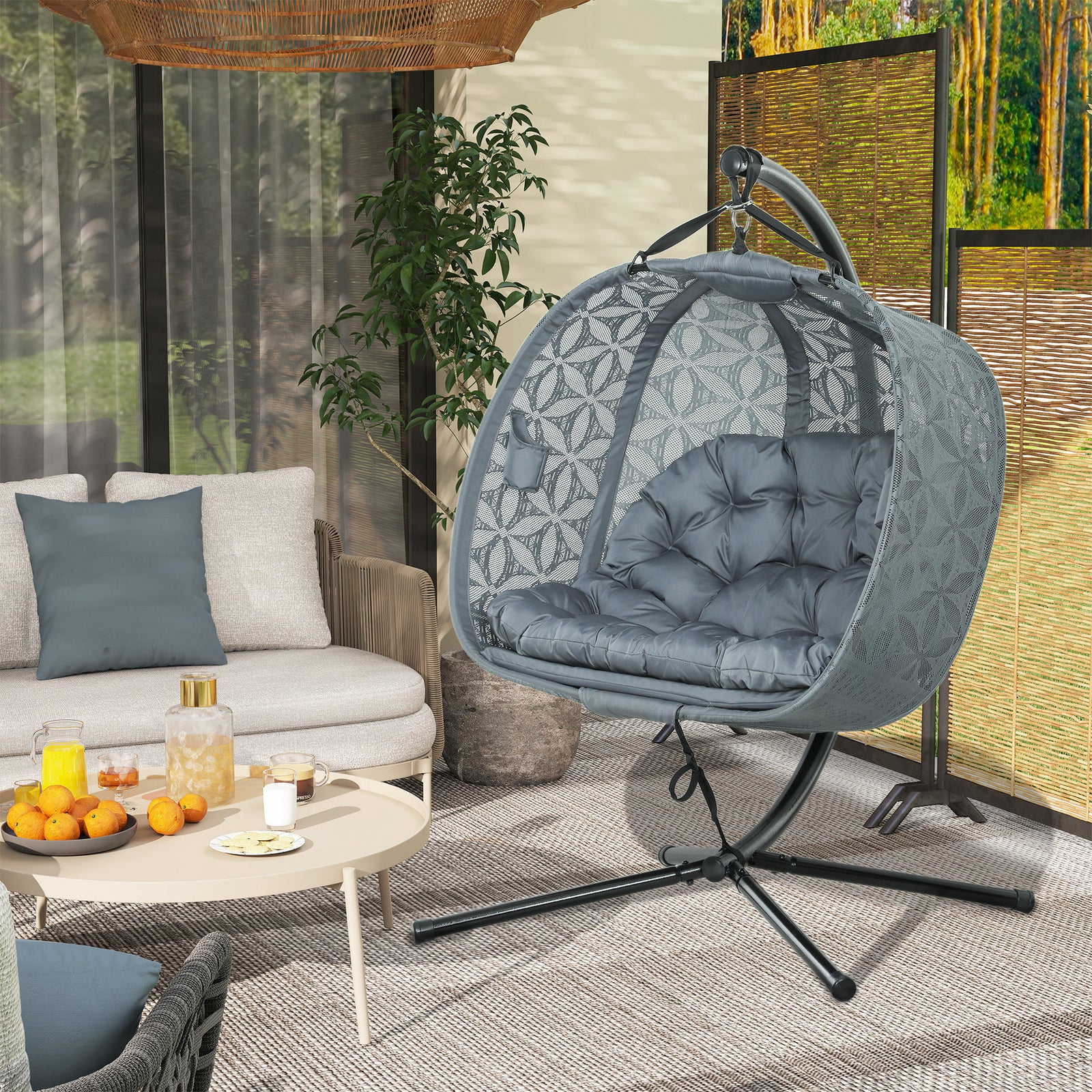Double Hanging Swing Chair W/ Stand & Cup Holders, Grey
