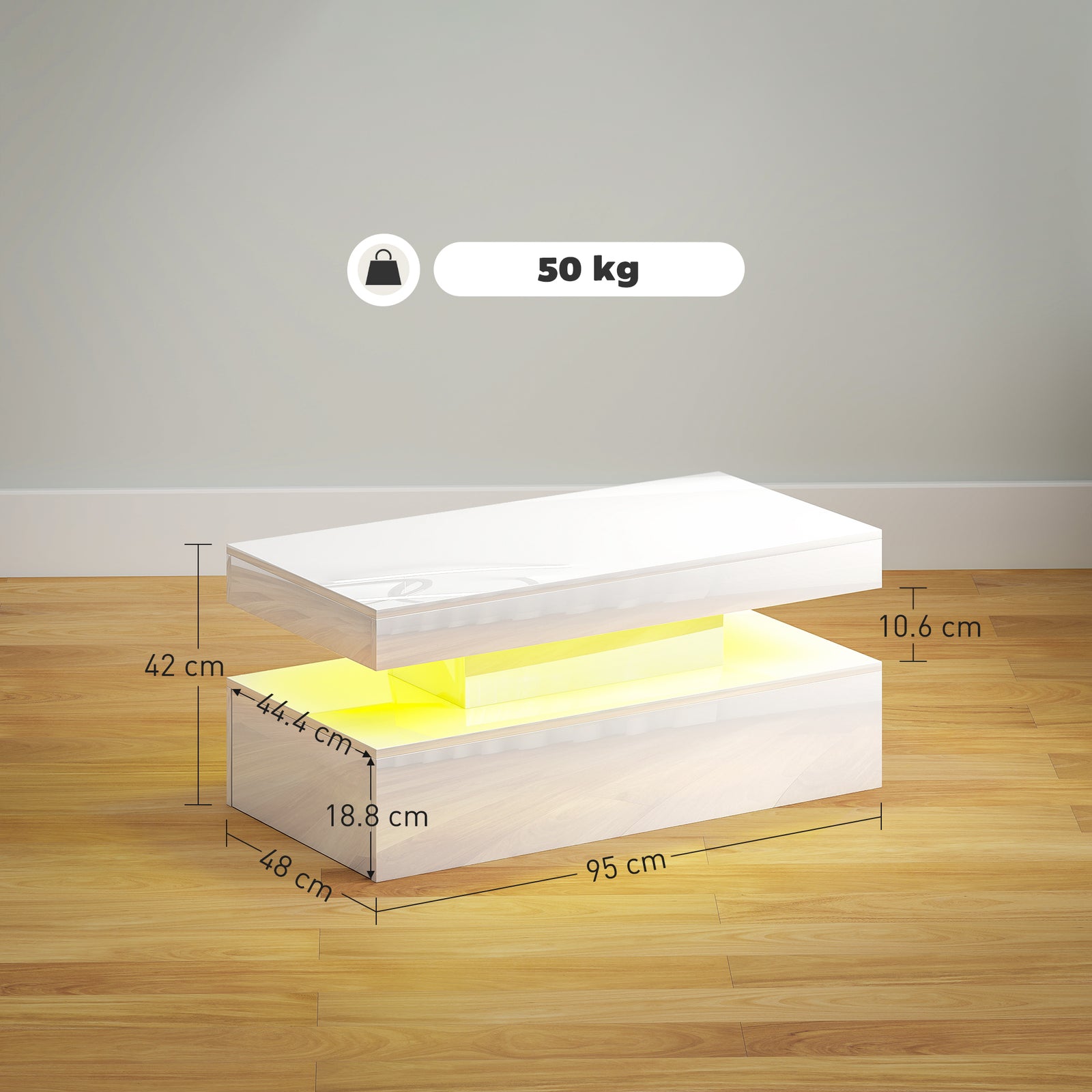 HOMCOM Led Coffee Table With Storage, High Gloss Living Room Table, White