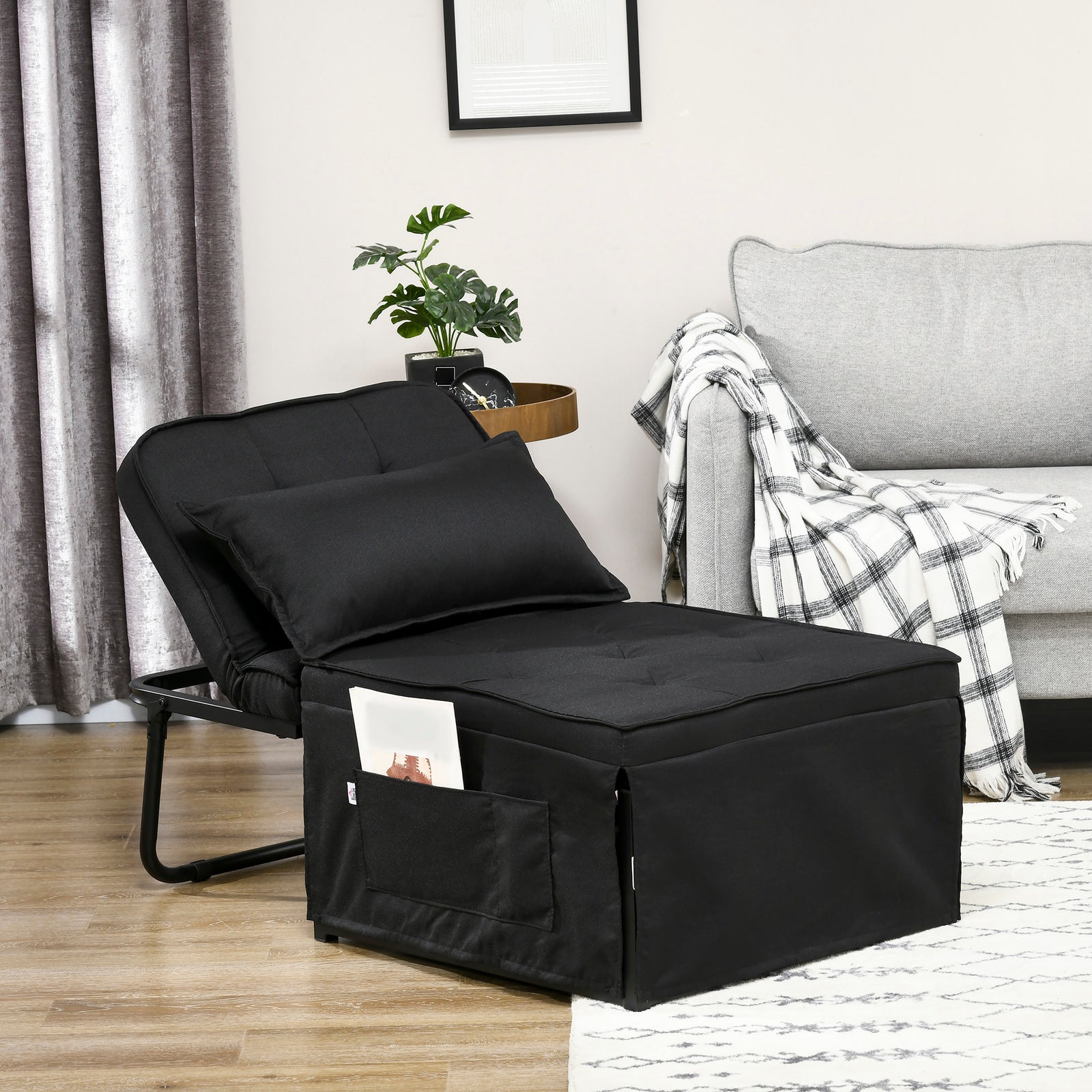 Folding Sleeper Chair Bed With Pillow And Side Pockets | One Size | Black