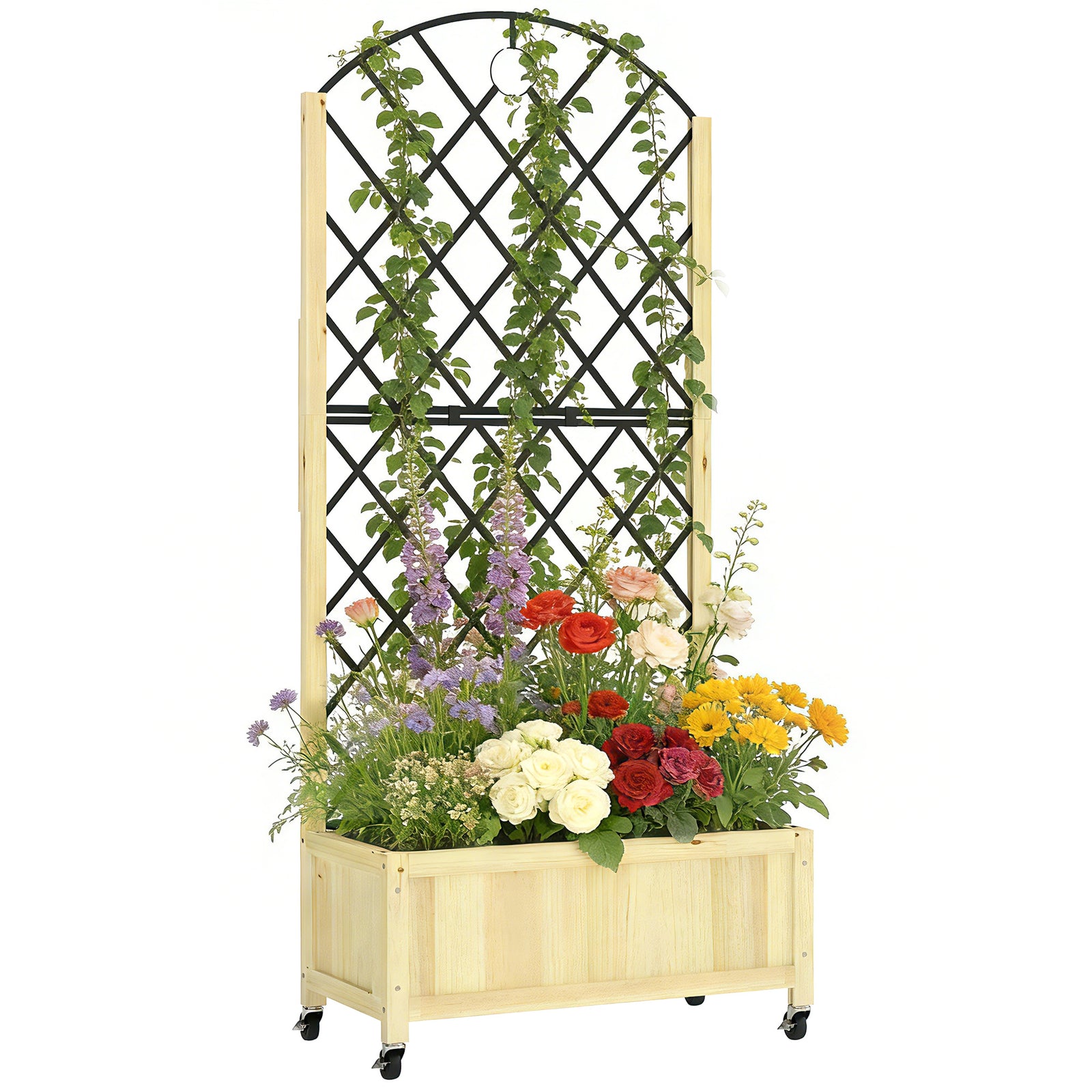 Garden Bed W/metal Trellis, Wooden Elevated Planter Box | Light Brown