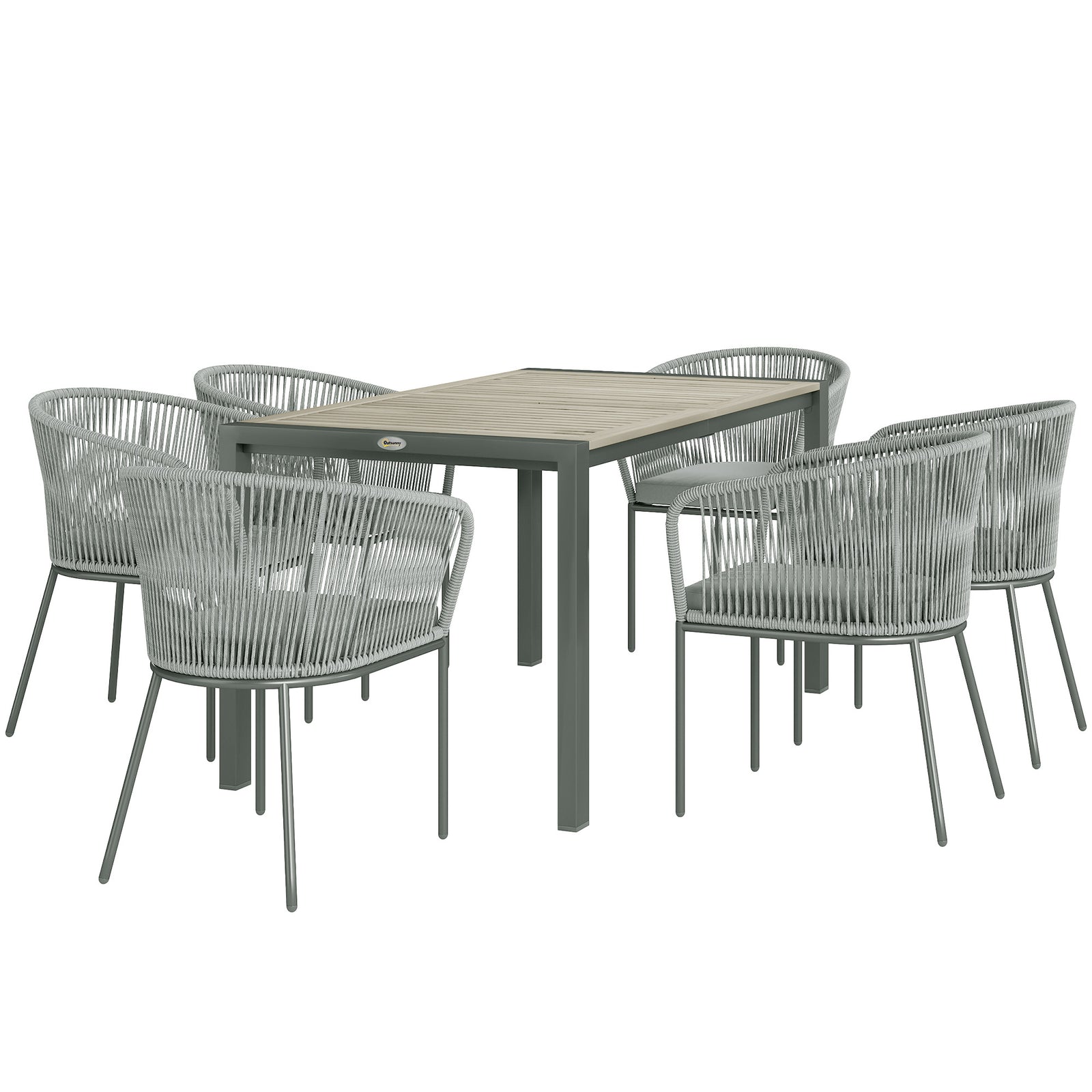 6 Seater Rattan Dining Set, Acacia Wood Top, Grey