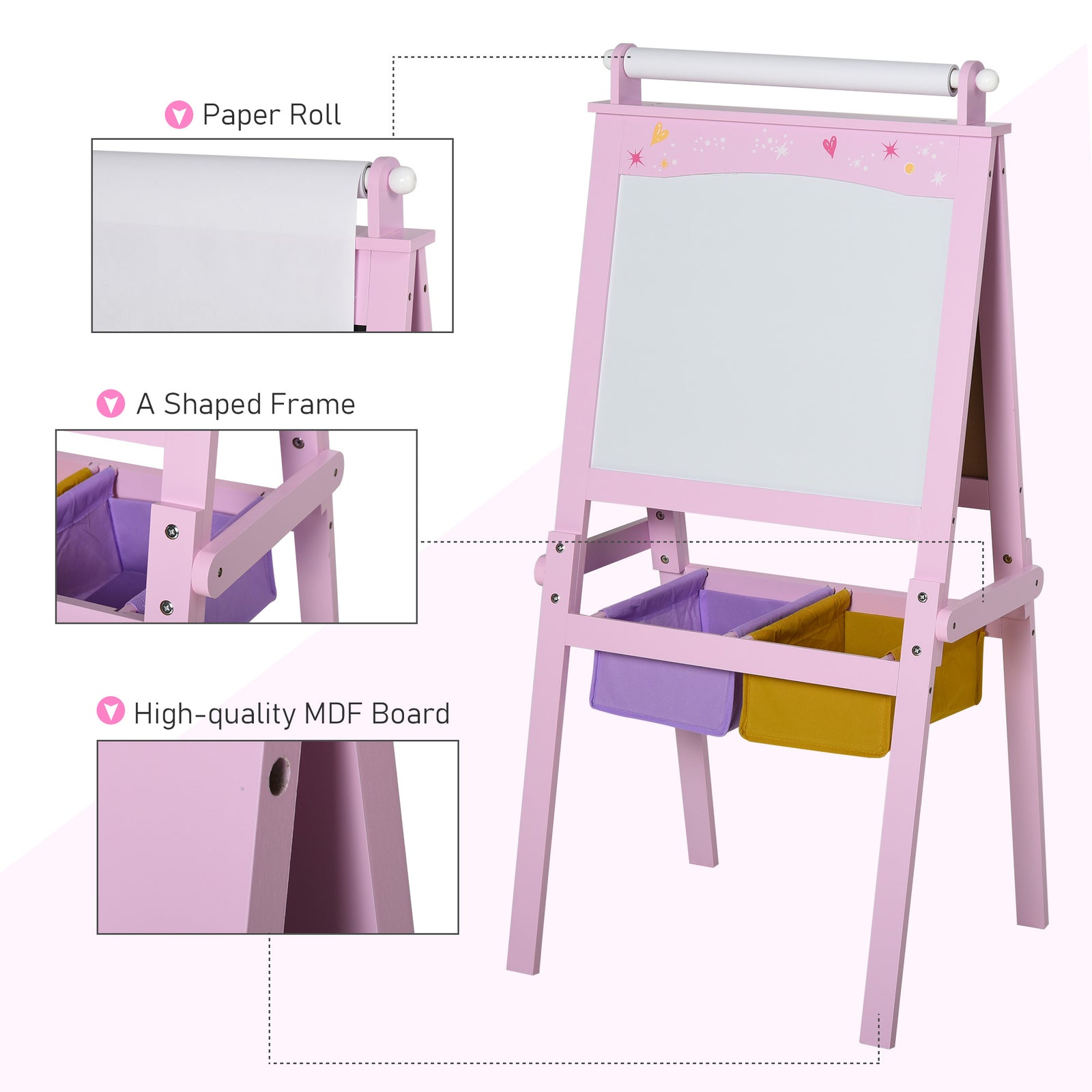 Kids Wooden Art Easel With Paper Roll Double-sided Chalkboard, Whiteboard