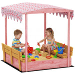 AIYAPLAY Wooden Sandbox With Lid, Canopy, Seat, Bottom Liner, Pink