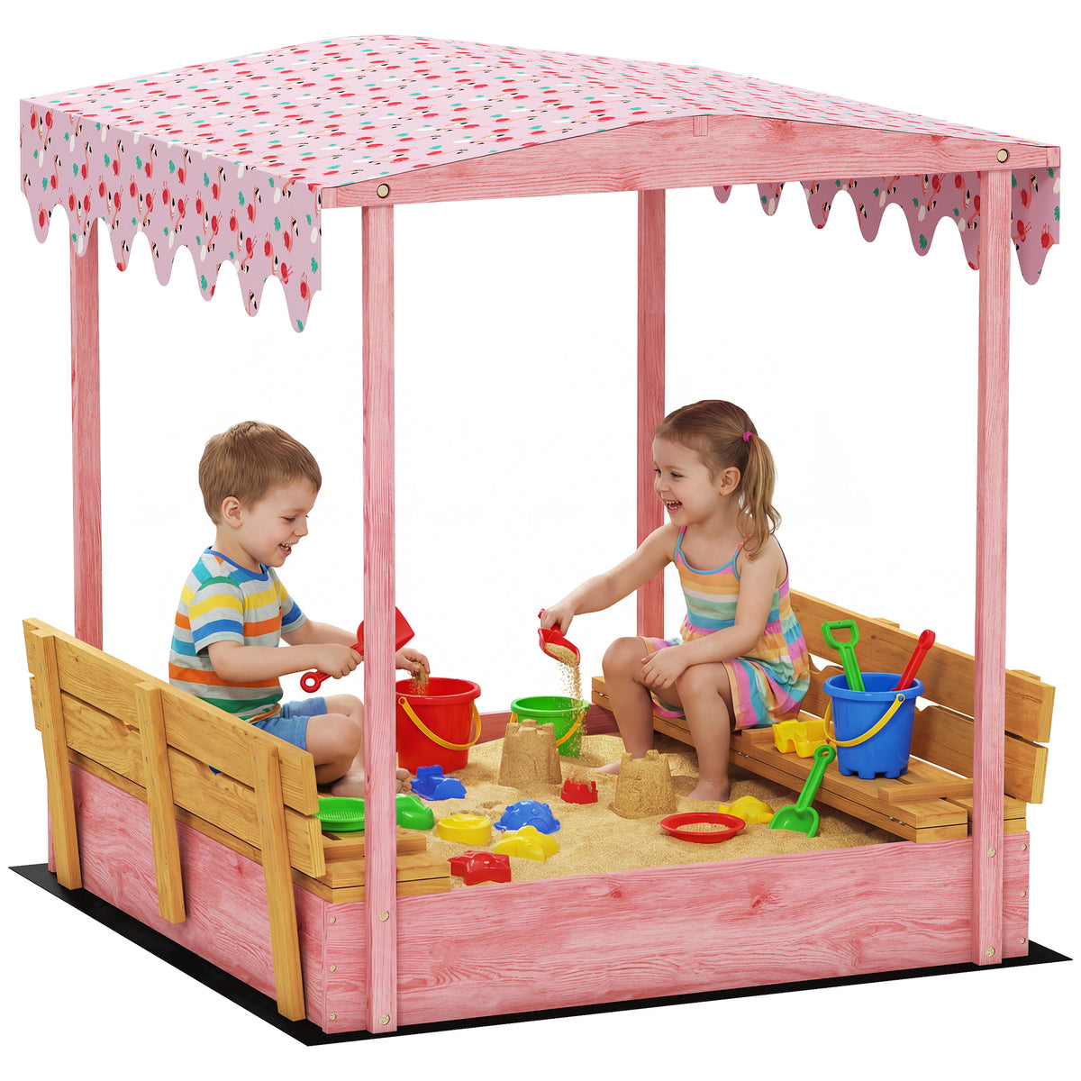 AIYAPLAY Wooden Sandbox With Lid, Canopy, Seat, Bottom Liner, Pink