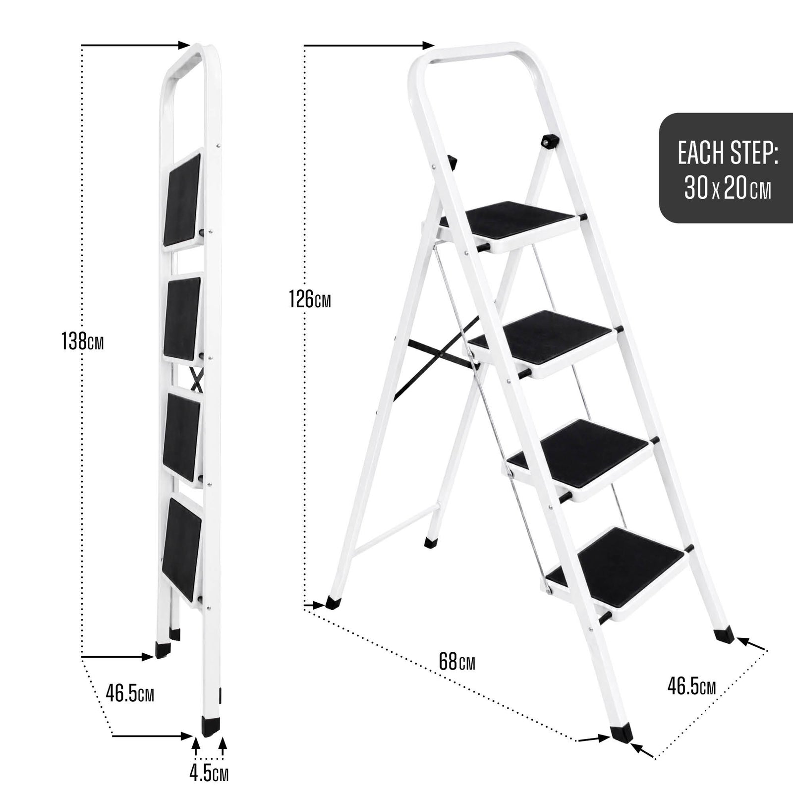 4 Step Ladder Heavy-duty Steel Folding Step Stool 150kg Capacity | White