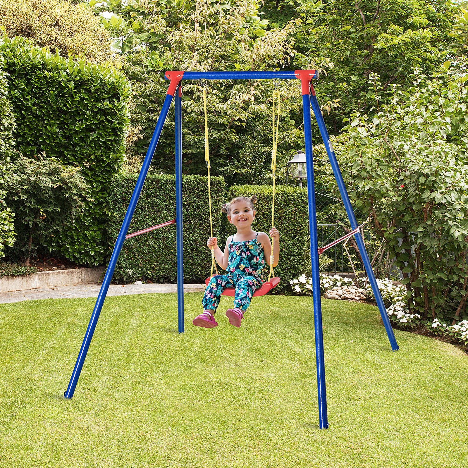 Metal Swing Set W/ Adjustable Rope A-frame Stand Outdoor Playset