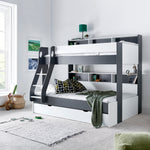 Oliver Triple Sleeper Storage Bunk Bed With Drawer With Memory Foam Mattresses | Small Double | Grey & White