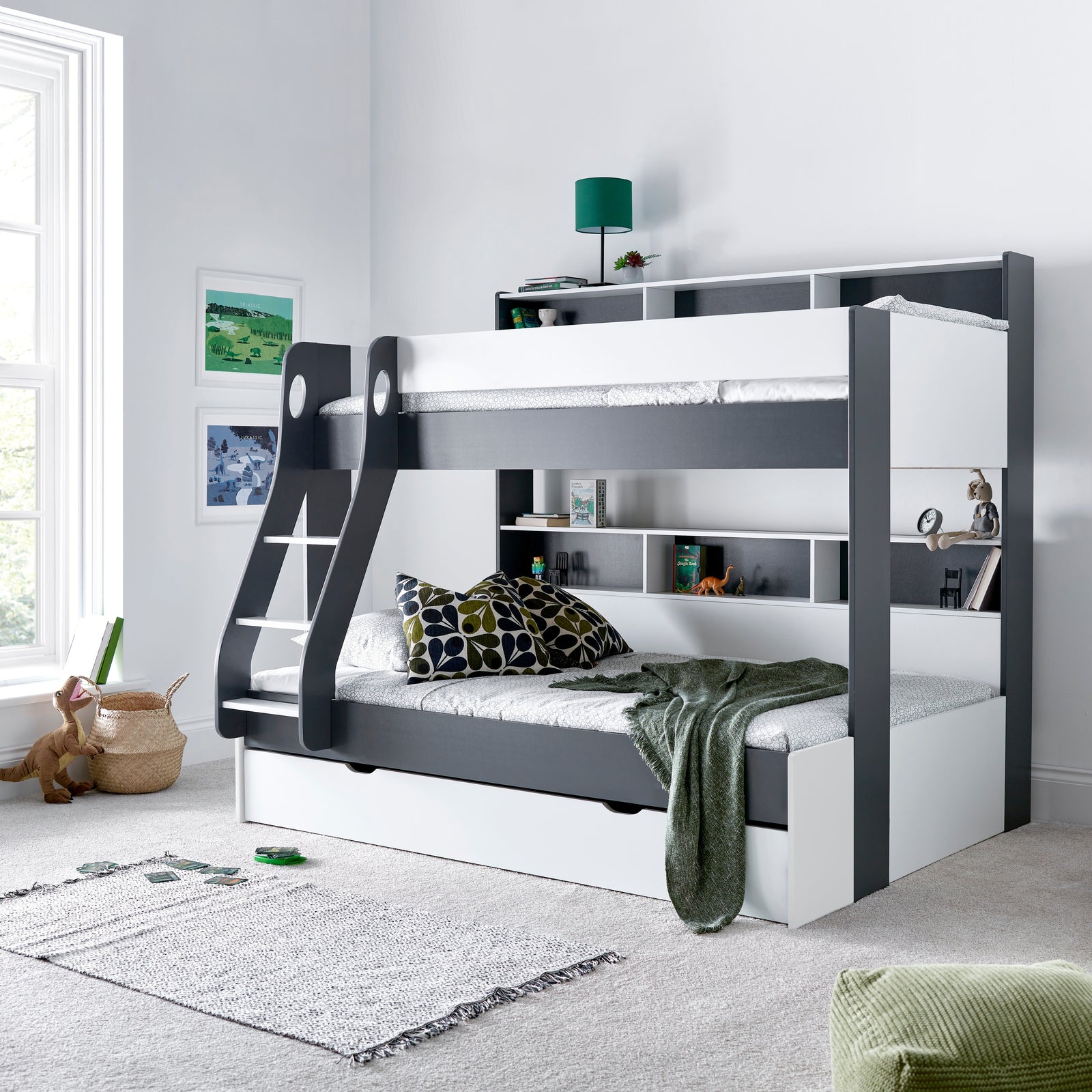Oliver Triple Sleeper Storage Bunk Bed With Drawer With Memory Foam Mattresses | Small Double | Grey & White