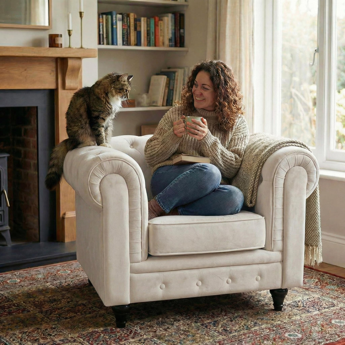 Chesterfield Scroll Arm Velvet Sofa 1 Seater | Beige