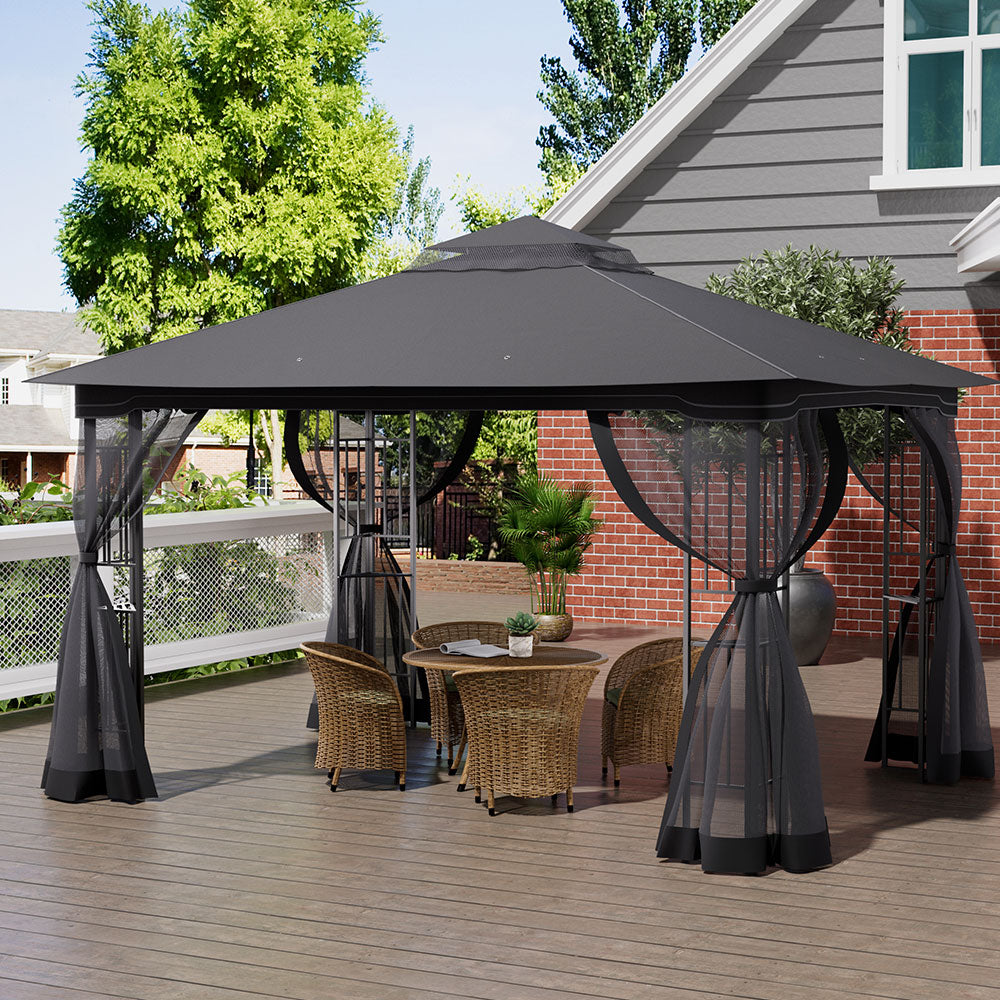 395cm X 295cm Outdoor Garden Gazebo With Ventilated Roof And Mesh Curtains,steel Frame Patio Shelter & Pa-coated Polyester Canopy For Backyard And Parties