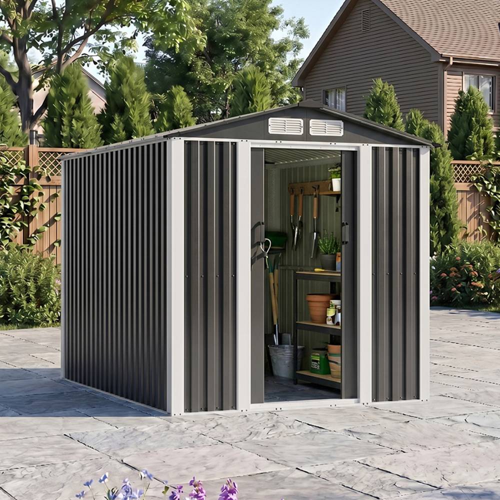 Breeins 6 X 8ft Heavy Duty Metal Outdoor Storage Shed with Apex Roof, Double Sliding Doors & Vents, Lockable Garden Tool Storage House for Backyard Patio Lawn