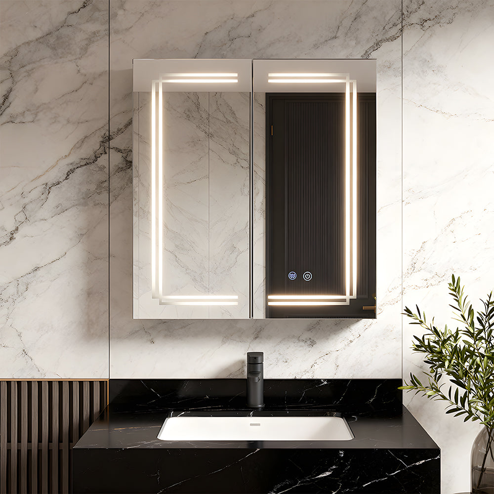 60cm X 70cm Rectangular Led Bathroom Mirror Cabinet With Double Doors, Adjustable Shelves