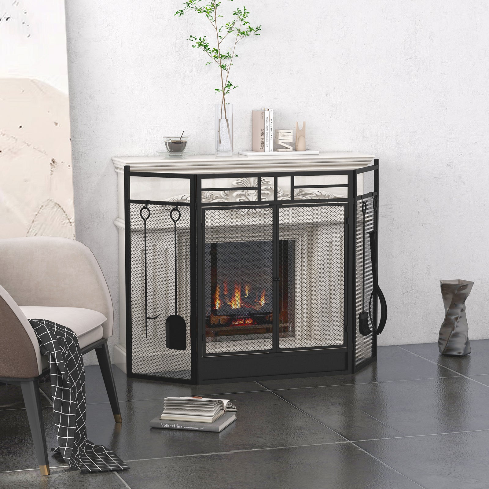 3 Panel Folding Fire Screen With 2 Door Fireplace Accessary