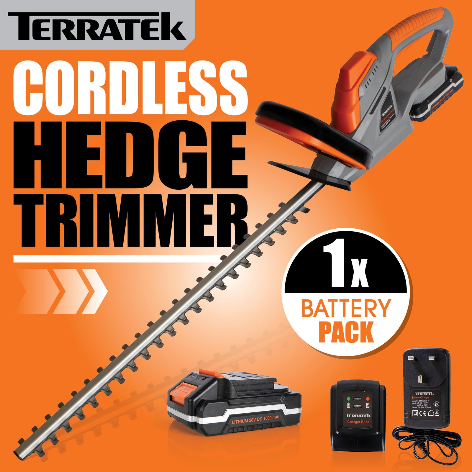 20v Cordless Hedge Trimmer Lightweight Handheld Garden Electric Hedge Li Ion 1hr Fast Charge Battery And Charger Included | 1 Battery + 1 Charger | Grey