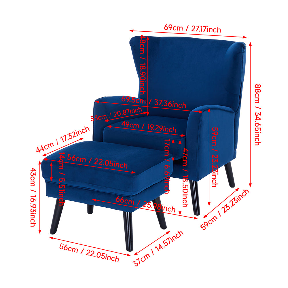 Velvet Upholstered Leisure Chair With Footstool – Accent Armchair With Wooden Frame | Blue