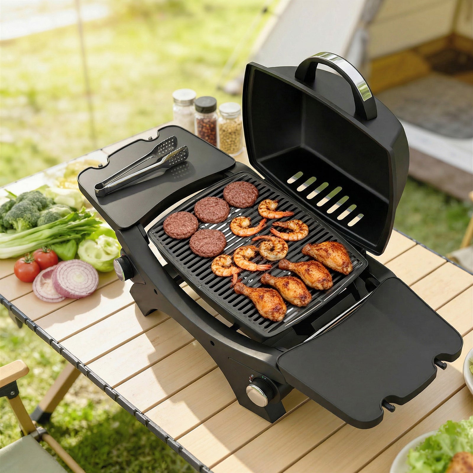 2 Burner Gas Grill, Tabletop Bbq With Cast Iron Grates, Black