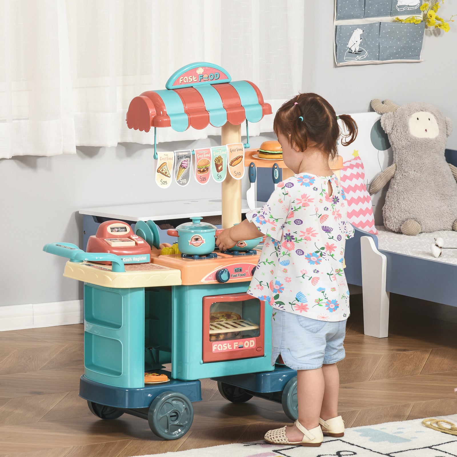 50 Pcs Kids Kitchen Play Set Pretend Trolley Cart For Age 3-6