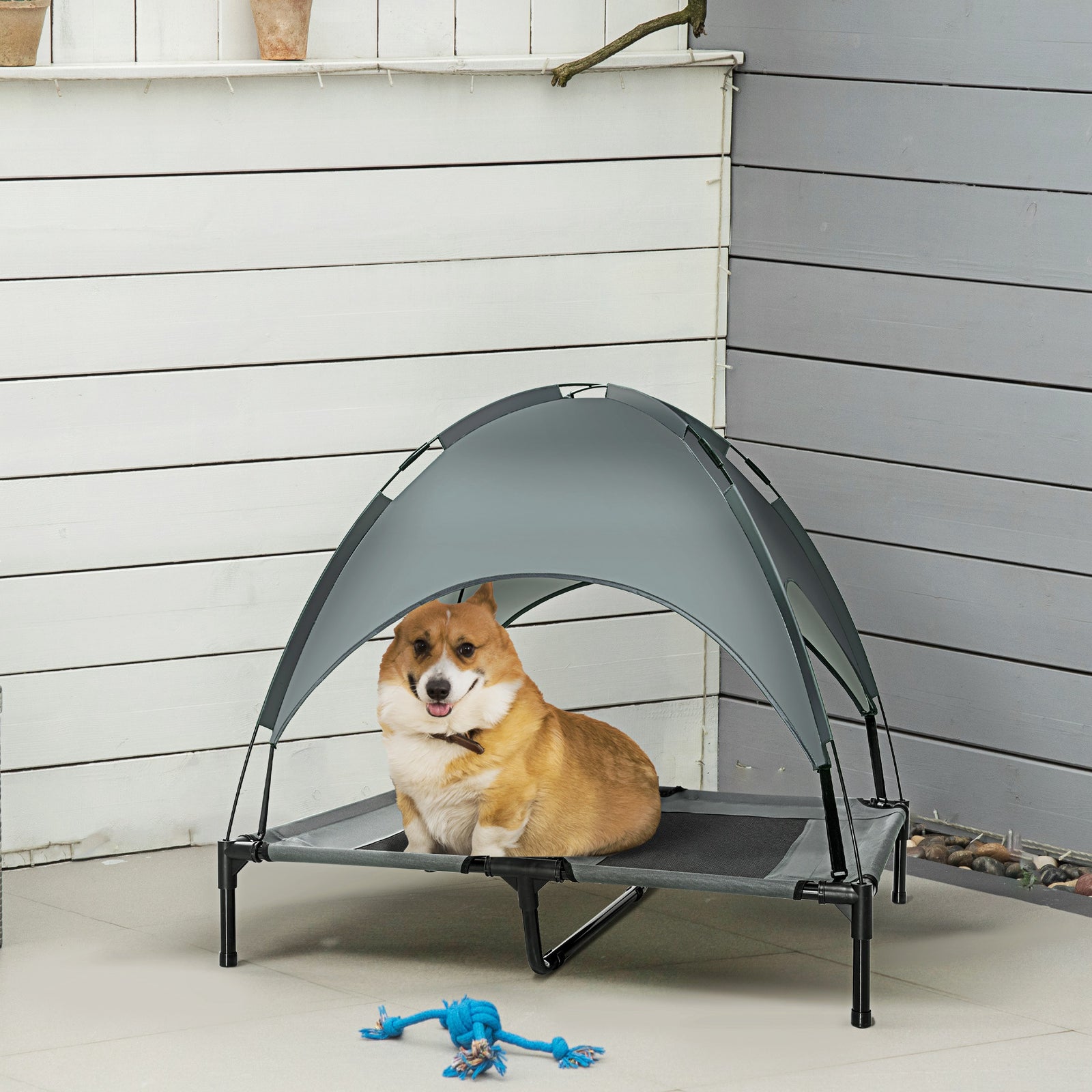 Pawhut 92cm Elevated Dog Bed Cooling Raised Pet Cot Uv Protection Canopy | Gray