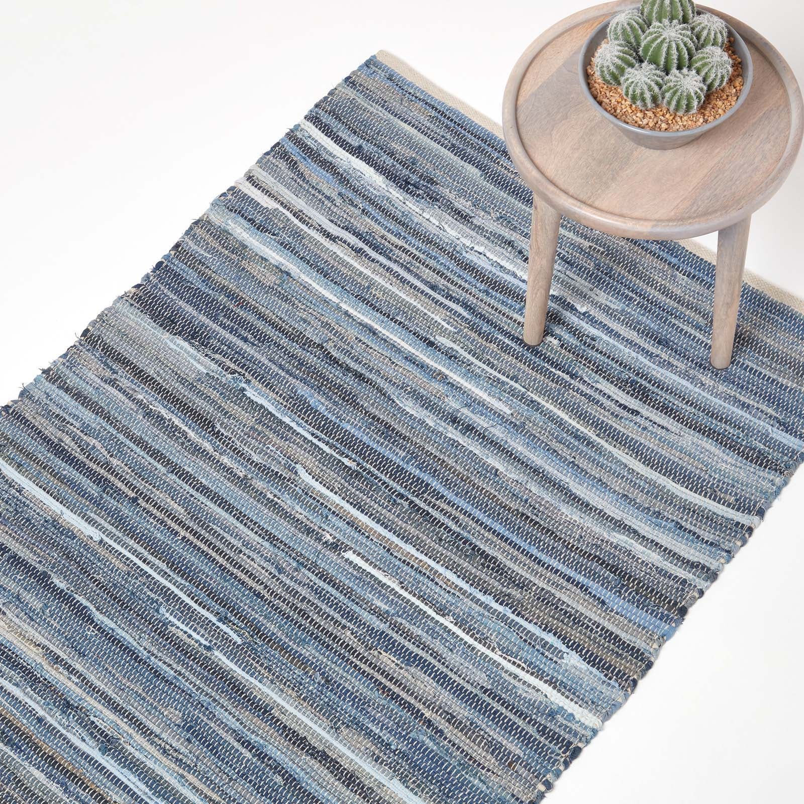 Blue Denim Handwoven Striped Chindi Rug | 120cm x 80cm | Blue