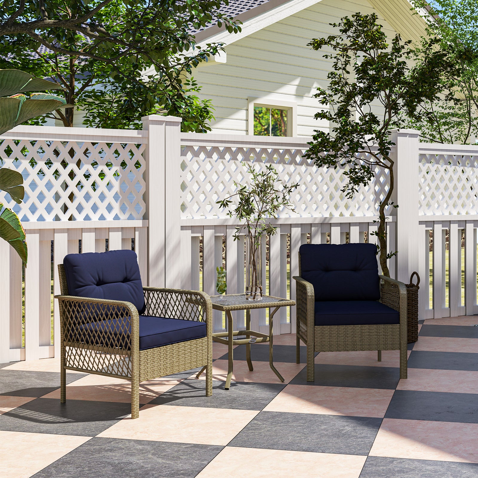 3 Piece Rattan Bistro Set, Glass Top Table And Chairs | Charcoal Gray