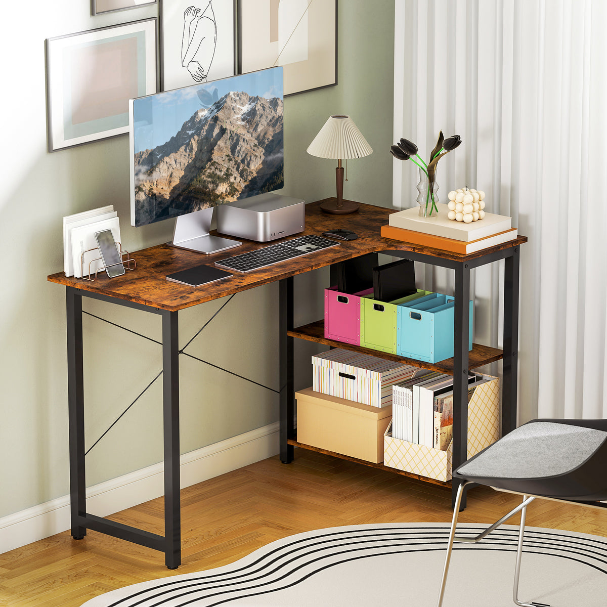 HOMCOM L-shaped Computer Desk Study Workstation With 2 Shelves, Steel Frame