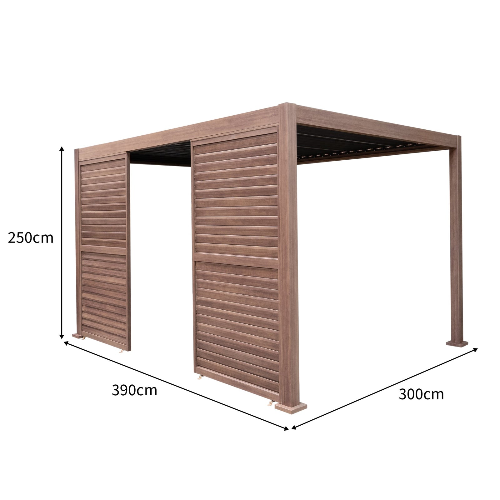 Wood Effect Aluminium Pergola With 2 Louvre Panels | 4m x 3m | Brown