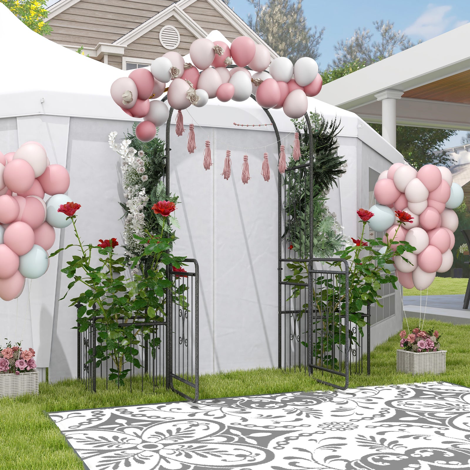 Garden Arbor Arch Gate W/ 2 Side Planter Boxes & Vine Frame