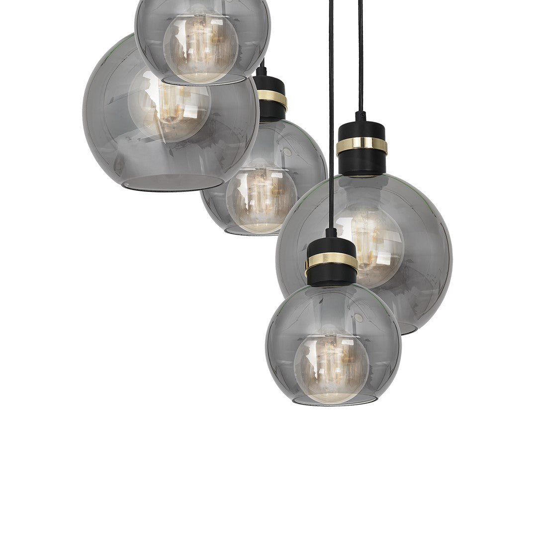 Omega Black/gold Pendant Lamp 5xe27 With Elegant Smoked Glass Spheres Quality Matt Black Fittings With Gold Detail
