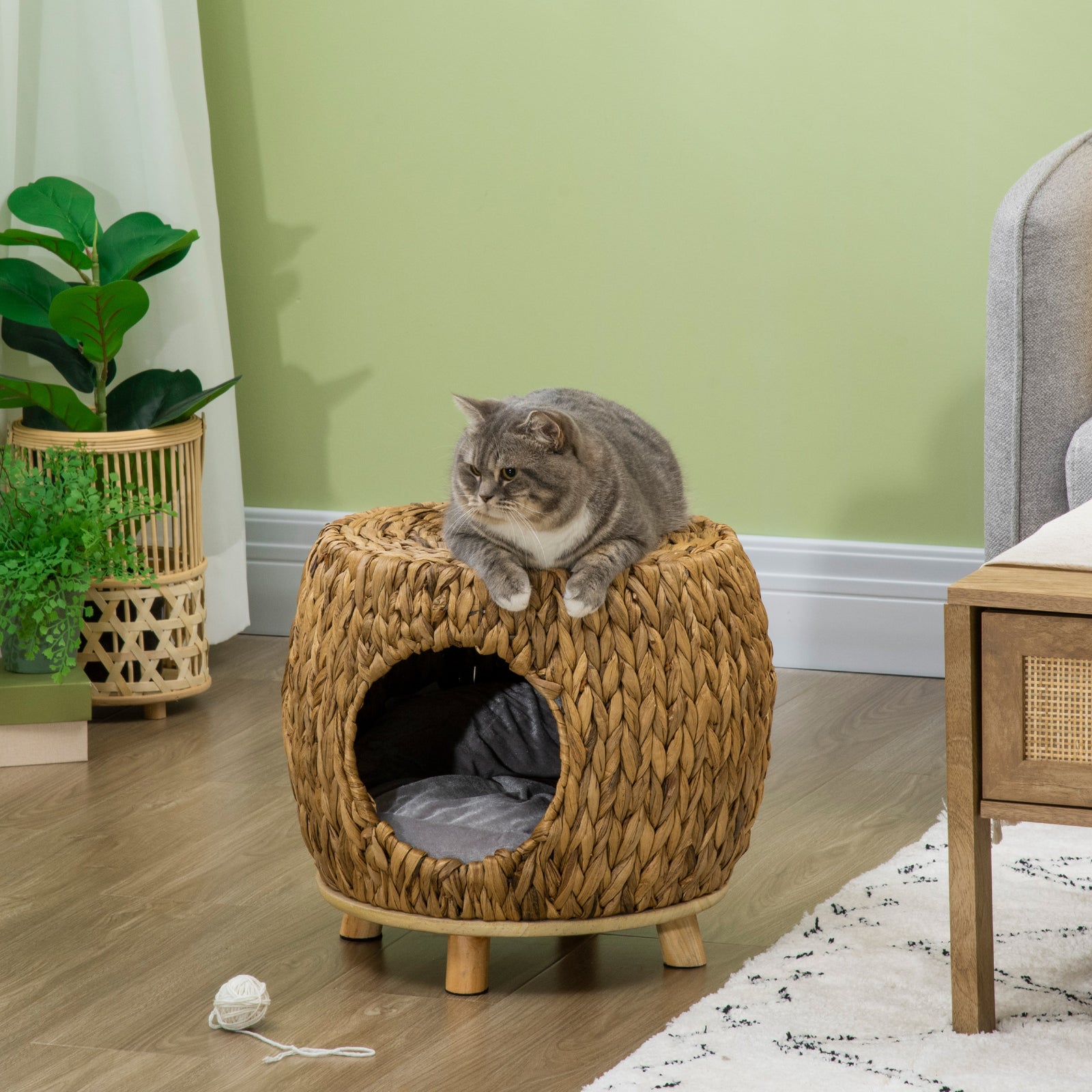 Rattan Cat House Stool For Rest W/ Soft Cushion 44 X 43 X 41cm