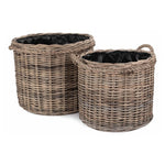 Rattan Rope Handled Rattan Round Planter With Plastic Lining | Set-of-2 | Brown