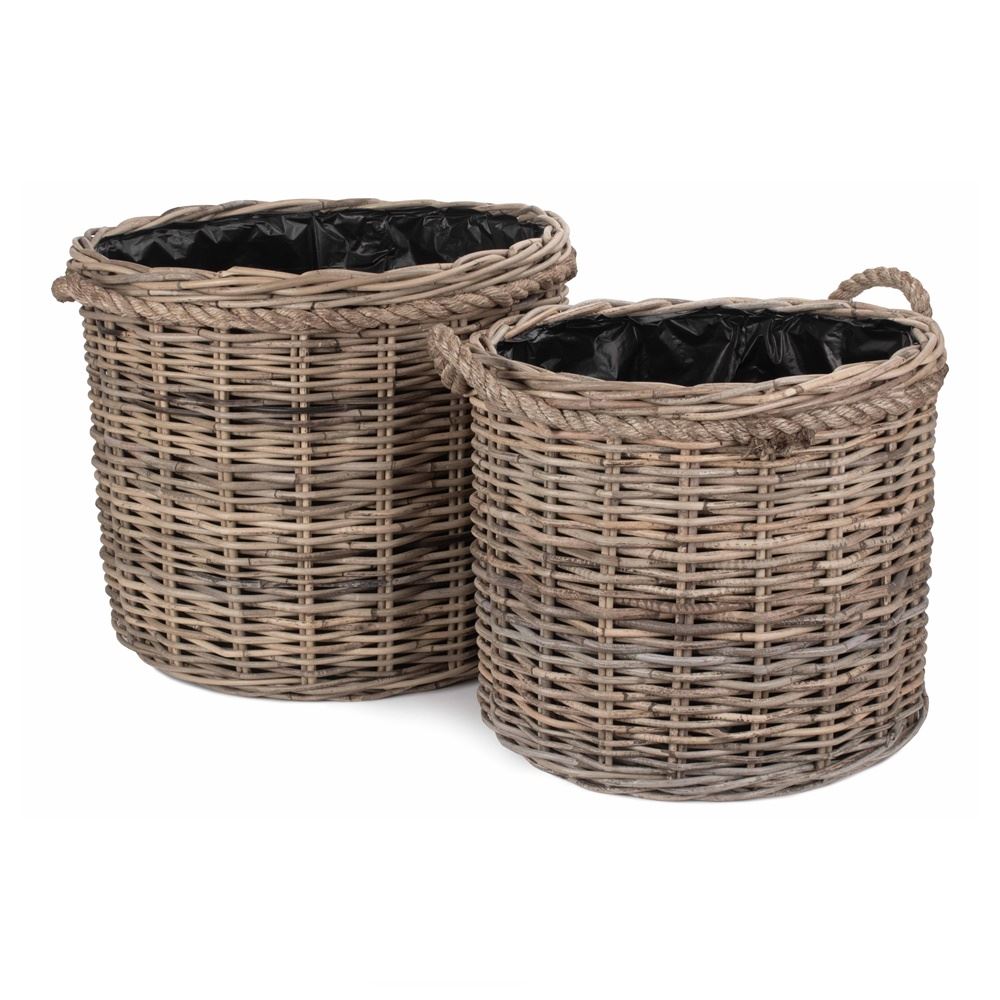 Rattan Rope Handled Rattan Round Planter With Plastic Lining | Set-of-2 | Brown