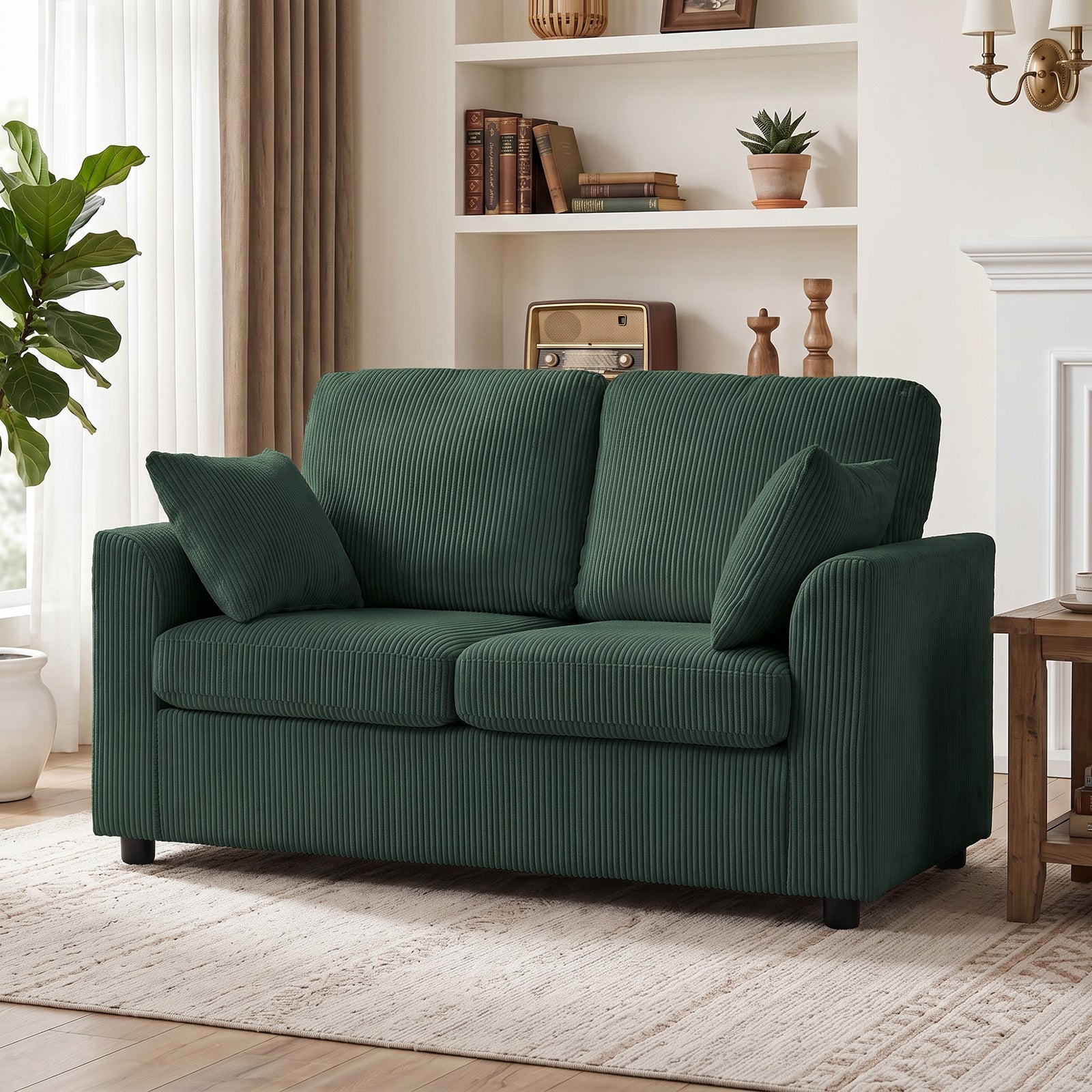 2 Seater Sofa, Corduroy Small Couch With Spring Cushion | Dark Green