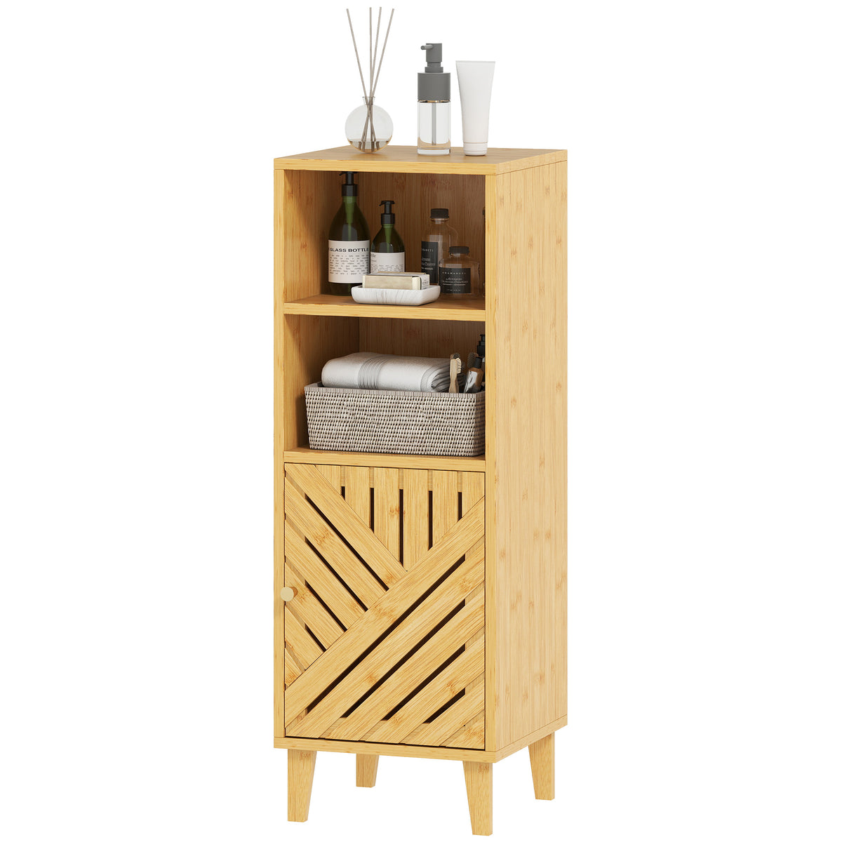 HOMCOM Narrow Bathroom Storage Cabinet With Open Compartments, Natural